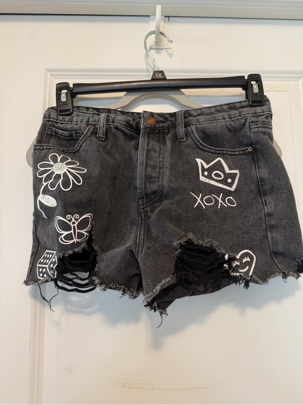 Black Distressed Denim Shorts with White Graphic Prints